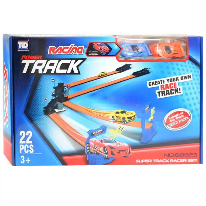 Utolsó esély Power Track 22db-os versenypálya szett kereszteződéssel és 2db hátrahúzható kisautóval 1/64