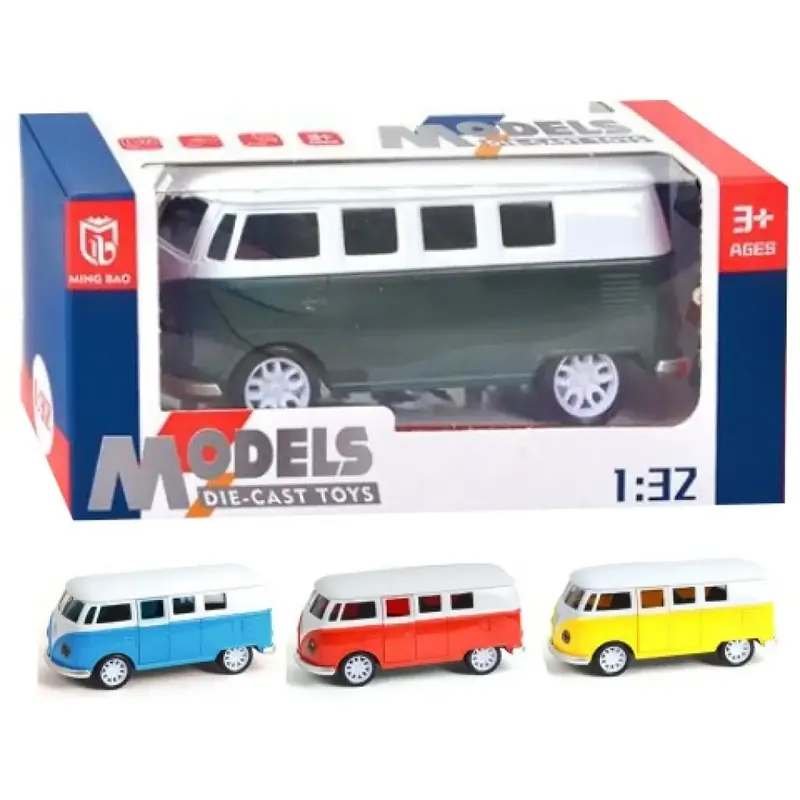 Volkswagen T1 1/32-es hátrahúzható fém autómodell nyitható ajtóval, fénnyel és hanggal több változatban Csak ma