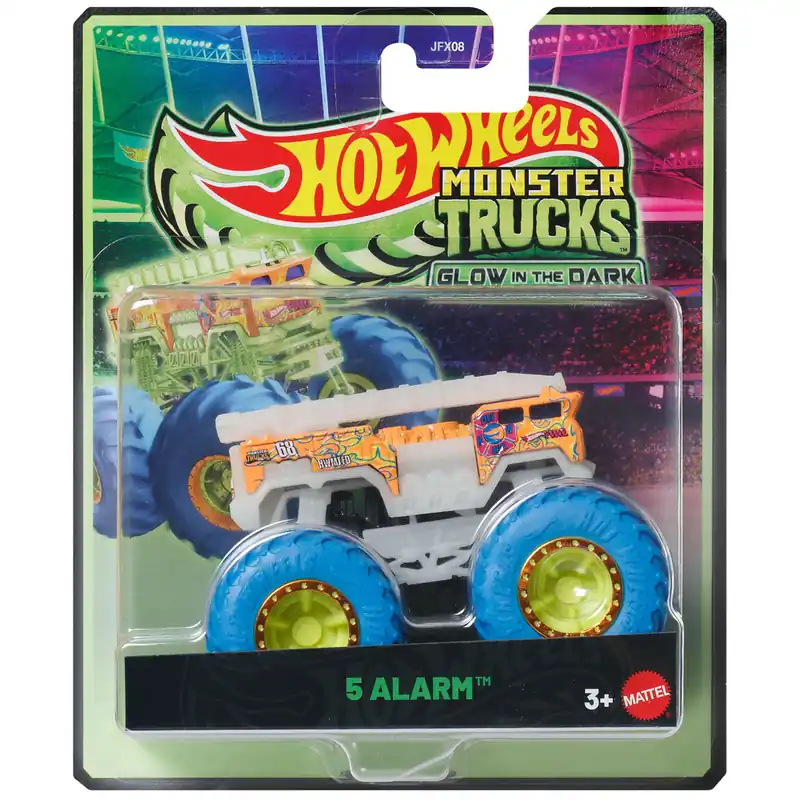 Akció Hot Wheels Monster Trucks 5 Alarm kék kerekekkel sötétben világító kisautó 1/64 – Mattel