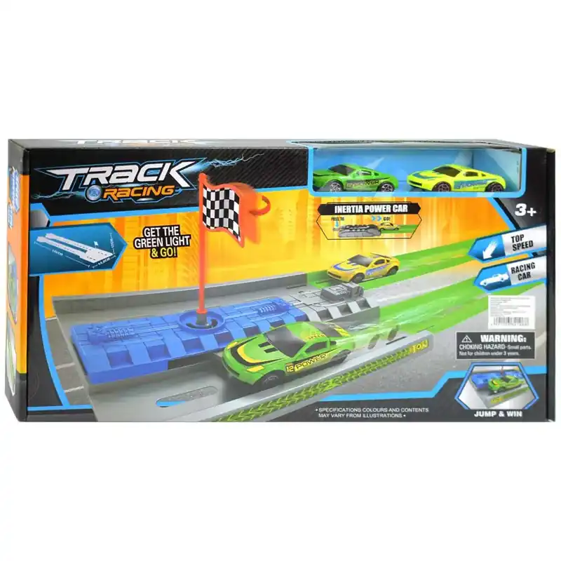 Azonnali szállítás Track Racing Gyorsulási versenypálya célzászlóval és 2db kisautóval 1/64