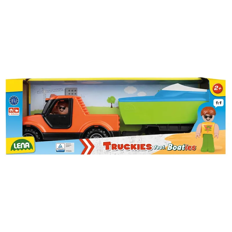 Árengedmény Lena Truckies Pick-up autó csónakutánfutóval és vitorlás hajóval dobozos 35cm