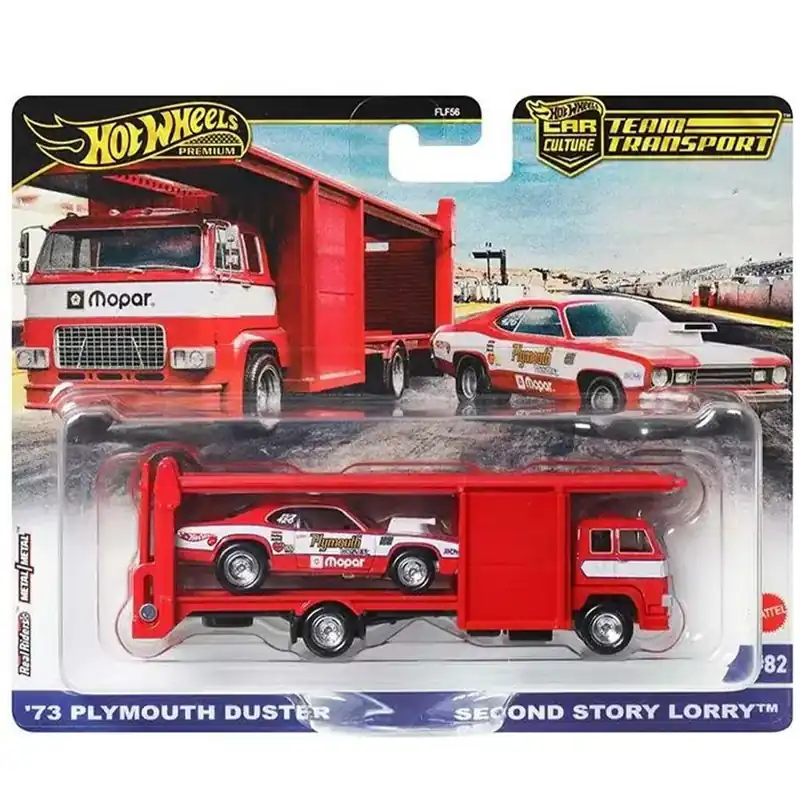 Hot Wheels Second Story Lorry Prémium autószállító és 73 Plymouth Duster kisautó 1/64 - Mattel Kedvezmény