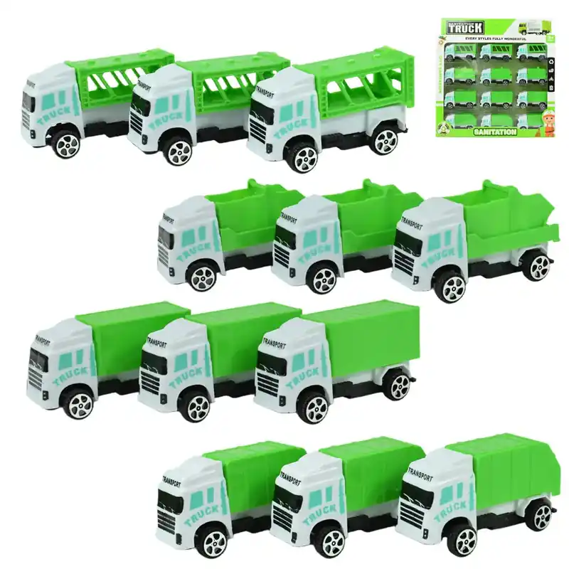Sanitation Truck 12 db-os hulladékszállító teherautó szett 1/64 Korlátozott ajánlat