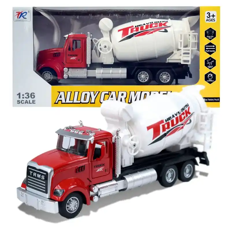Heavy Duty Truck Hátrahúzós fém betonkeverő mixer teherautó modell nyitható ajtókkal és forgó dobbal 1/36 Népszerű