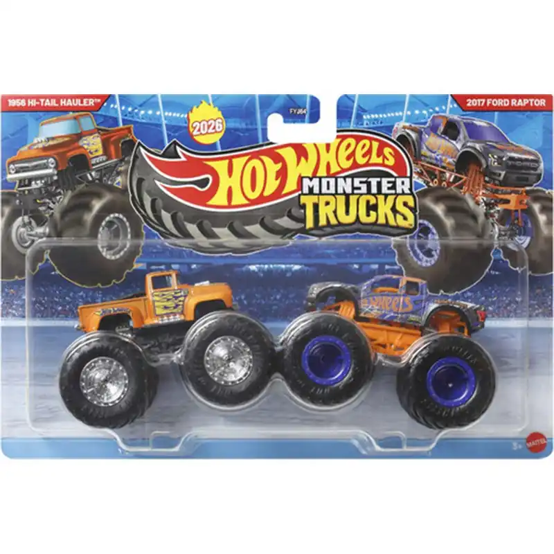 Outlet Hot Wheels Monster Trucks 1956 Hi-Tail Hauler vs 2017 Ford Raptor kisautó 2db-os csomag 1/64 - Mattel