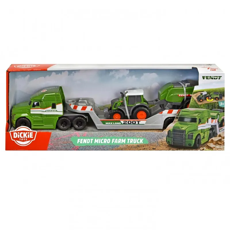 Azonnali szállítás Micro szállító kamion Fendt traktorral és bálázóval - Dickie Toys