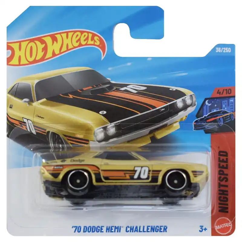 Újdonság Hot Wheels ‘70 Dodge HEMI Challenger aranysárga kisautó 1/64 - Mattel