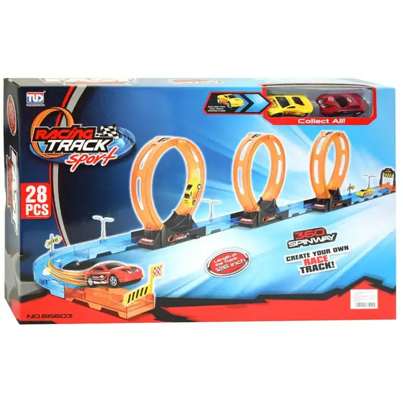 Racing Track 28db-os versenypálya szett 3db hurokkal és 2db hátrahúzható autóval 1/64 Expressz kézbesítés