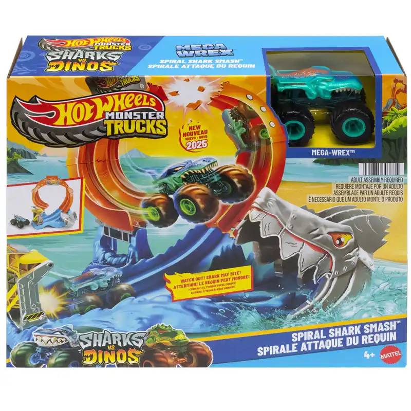 Alacsony ár Hot Wheels Monster Trucks Spiral Shark Smash pályaszett Mega-Wrex kisautóval – Mattel