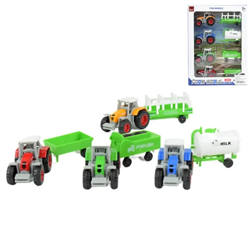 Újdonság Farm World 4 db-os mezőgazdasági traktor szett utánfutóval 1/64