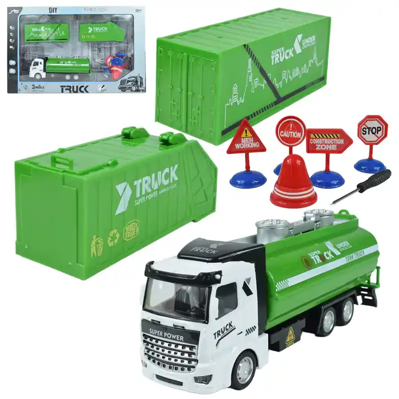 City Truck Átalakítható lendkerekes hulladékszállító teherautó jelzőtáblákkal 19cm Azonnal elérhető