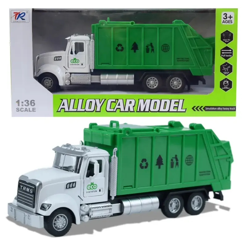 Heavy Duty Truck Hátrahúzós fém szelektív hulladékgyűjtő teherautó modell nyitható ajtókkal és kukával 1/36 Ne maradj le