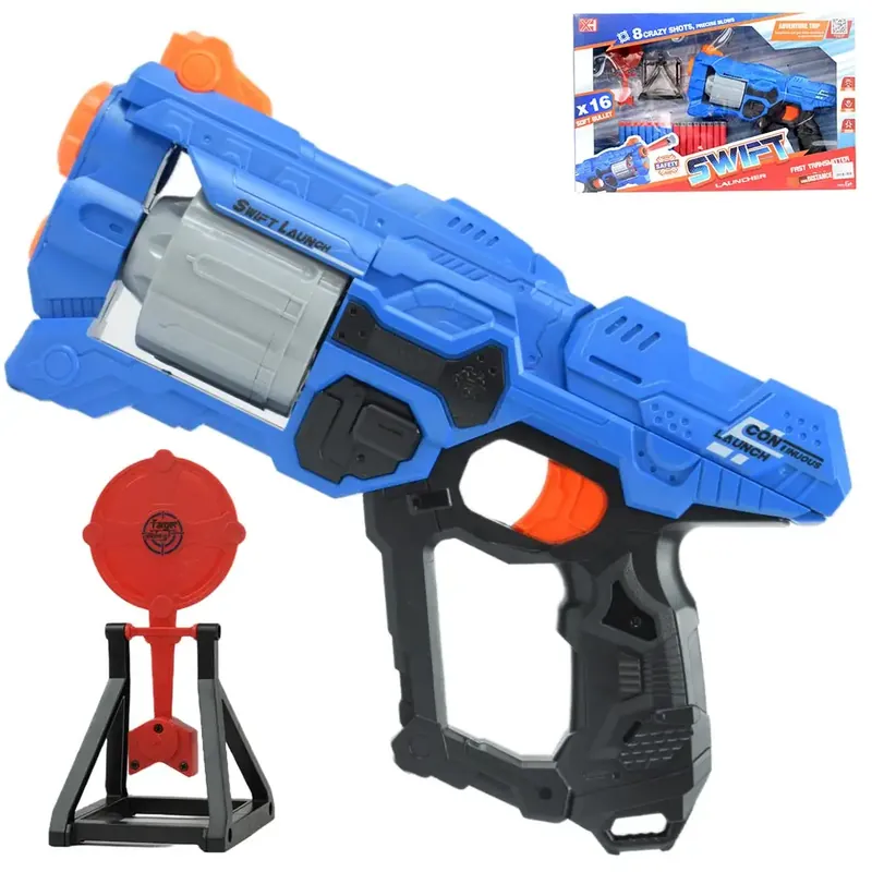 Újdonság Swift Launcher Forgótáras manuális szivacslövő fegyver töltényekkel és céltáblával 32cm