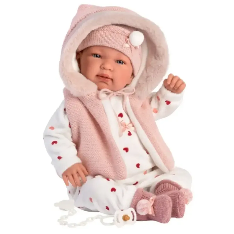 Bestseller Llorens Tina 44cm-es síró baba kapucnis rózsaszín mellényben