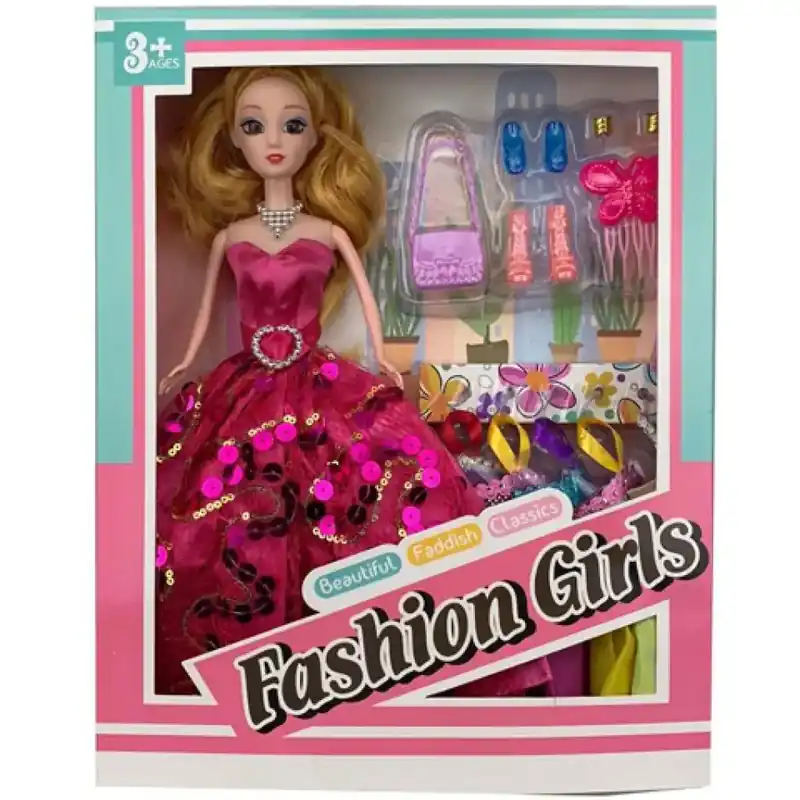 Gyors kiszállítás Divatbaba pink flitteres báli ruhában kiegészítőkkel 28cm