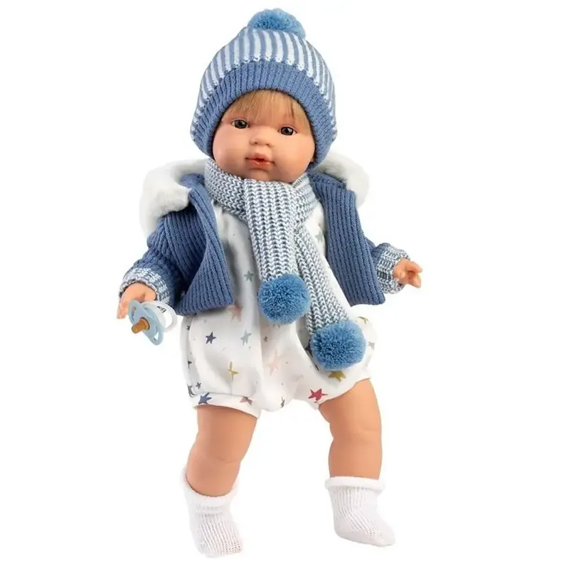 Legjobb ár Llorens Sasha 38cm-es síró baba cumival kék kabátban bojtos sállal