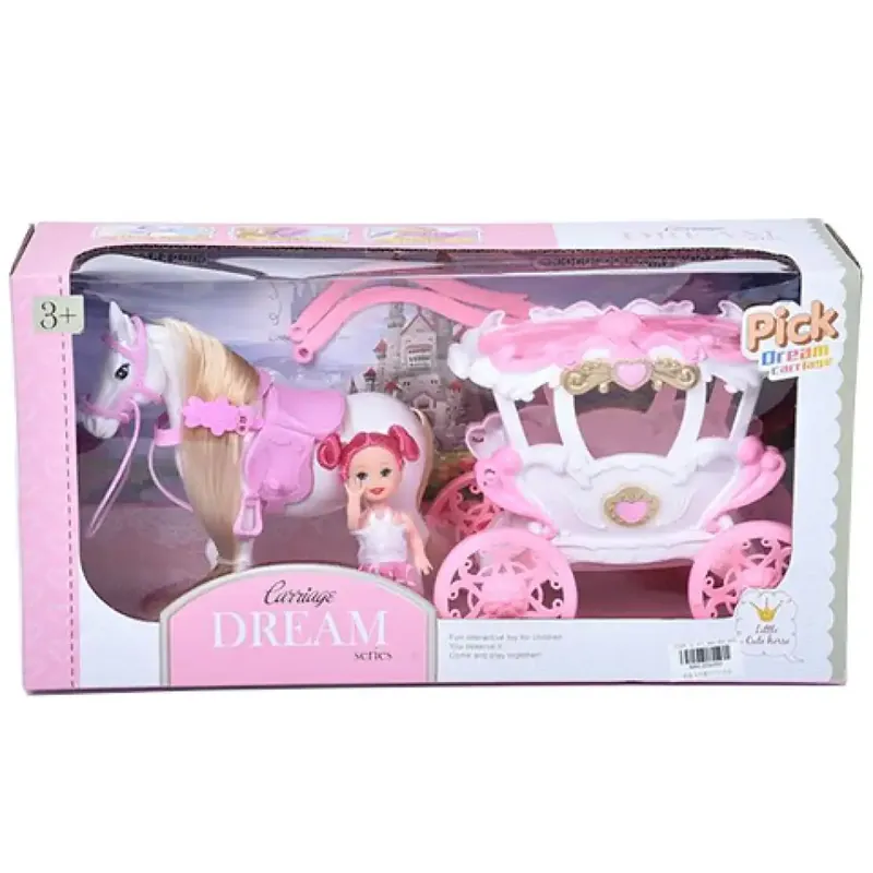 Prémium Álom hintó szett lóval és 7,5cm-es babával pink-fehér színben