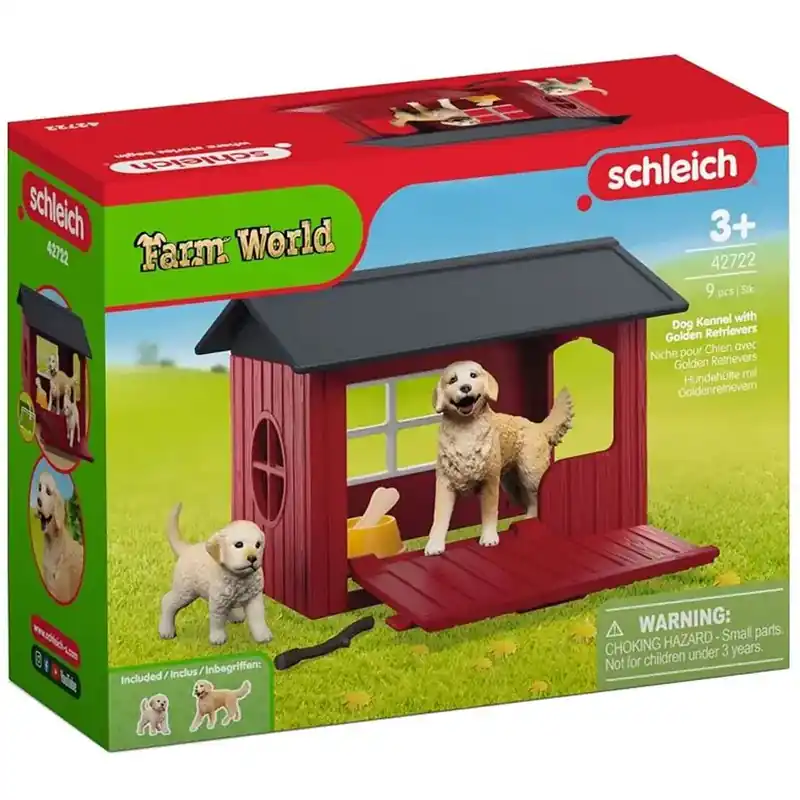 Nézd meg most Schleich Farm World – Kutyaház Golden Retriever kutyusokkal játékszett (42722)