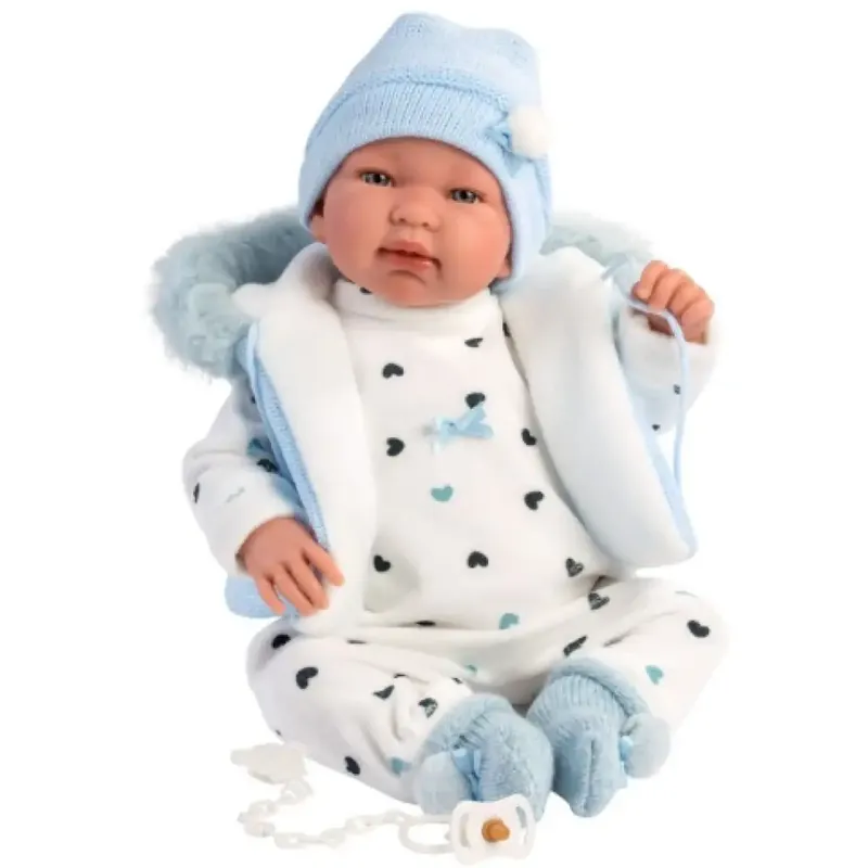 Legjobb ár Llorens Tino 44cm-es síró baba kapucnis kék mellényben