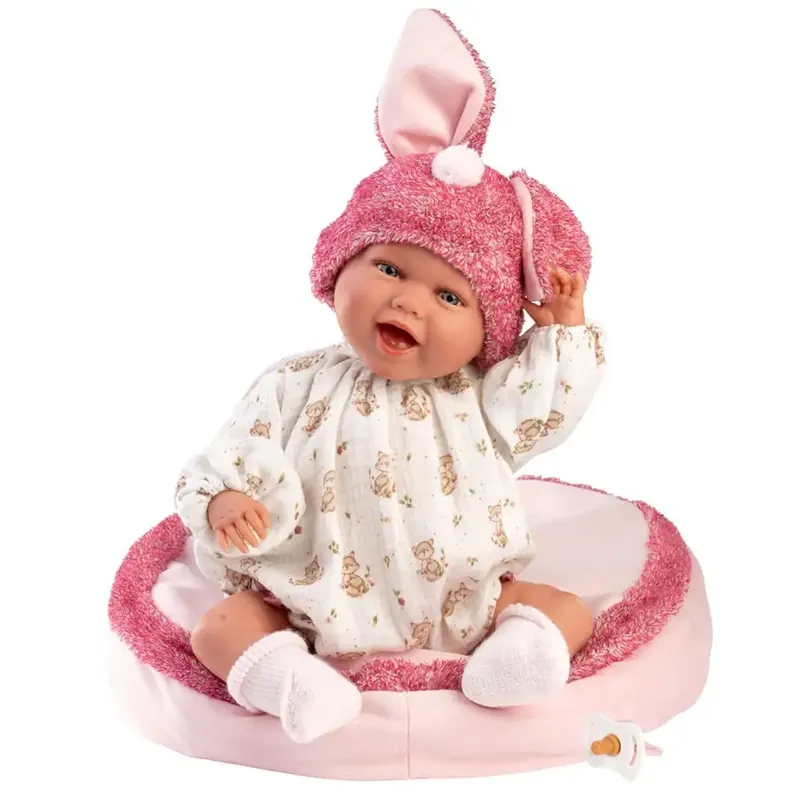 Llorens Mimi 42cm-es mosolygós baba nyuszifüles rózsaszín sapkában párnával Expressz szállítás