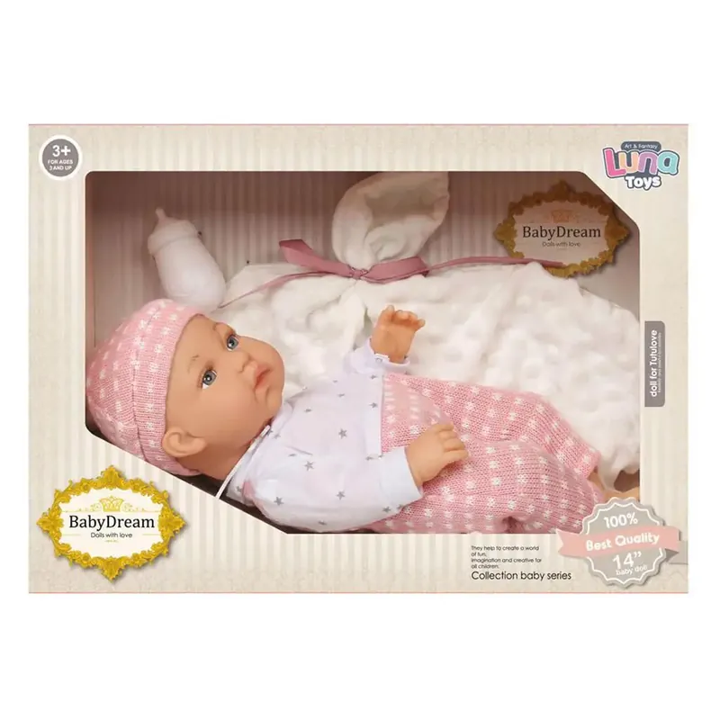 Kiárusítás Baby Dream Csecsemőbaba pink ruhában kiegészítőkkel 35cm-es