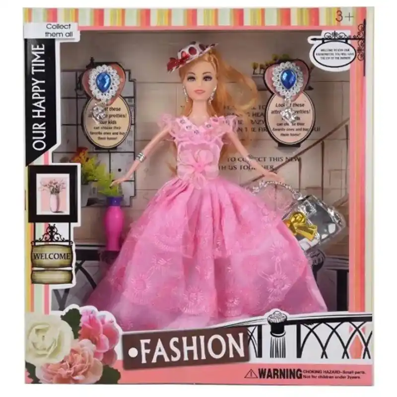 Alacsony ár Fashion divatbaba kalappal, rózsaszín báli ruhában kiegészítőkkel 29cm