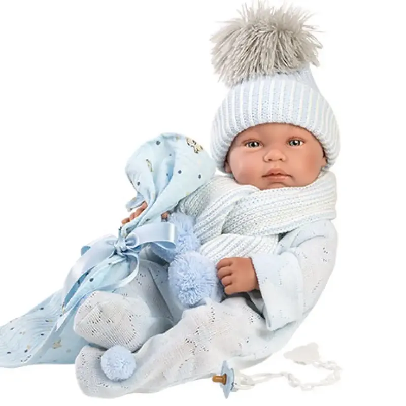 Llorens Tino 43cm-es újszülött fiú baba kék babapléddel, cumival és 3db különböző ruhával Akció
