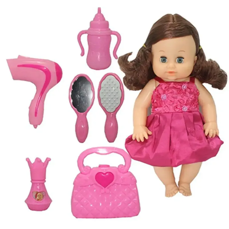 Kedvezményes ár Dorina barna hajú 36cm-es pisilő baba fodrász készlettel, kiegészítőkkel és hang effektekkel