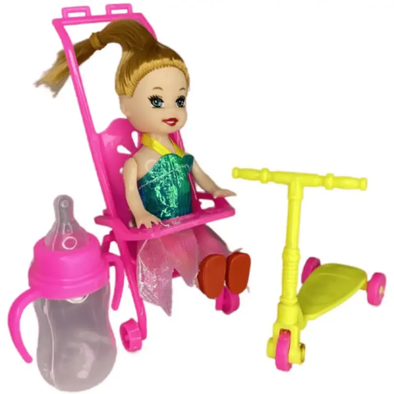 Árengedmény Katie Sandra baba pink babakocsival, rollerrel és cumisüveggel 10cm