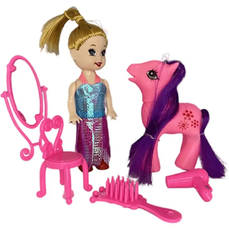 Csak ma Katie Sandra baba pink pónival és fodrász kiegészítőkkel 10cm