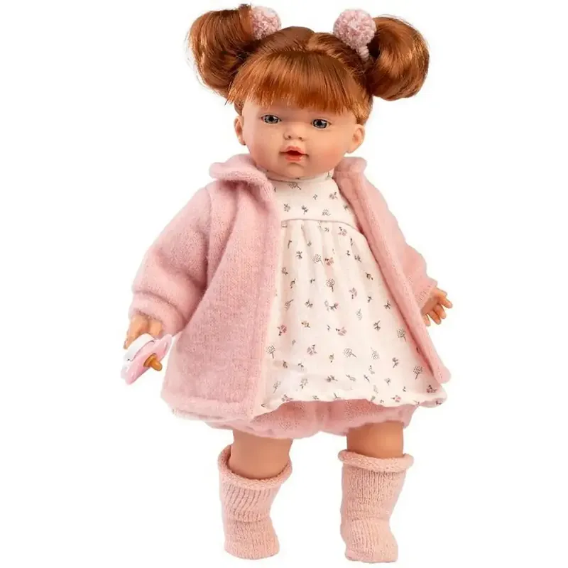 Llorens Lea 33cm-es vörös hajú síró baba cumival rózsaszín kabátban Akciós ár