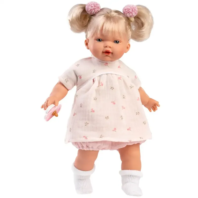 Prémium Llorens Roberta 33cm-es síró baba cumival virágos ruhában