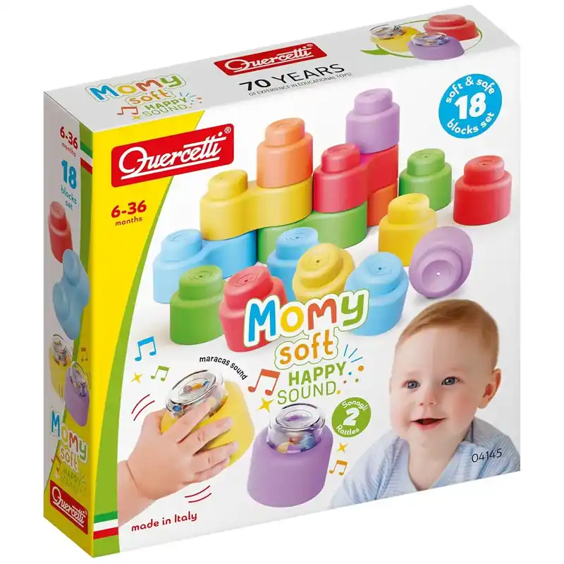 Azonnal elérhető Quercetti Momy Soft 18 db-os puha csörgős építőkocka szett