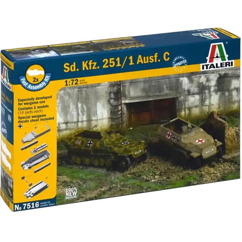 Alacsony ár Italeri 1/72 Sd. Kfz. 251/1 Ausf. C féllánctalpas páncélozott járművek 2db-os makett szett