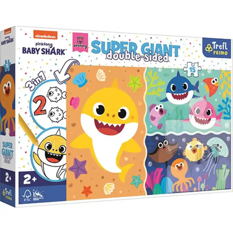 Ne maradj le Baby Shark Super Giant kétoldalas 3 az 1-ben puzzle 15db-os - Trefl