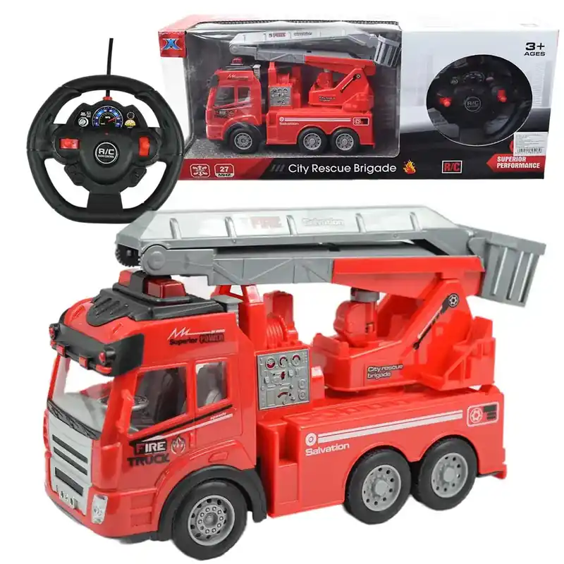 RC Távirányítós emelőkosaras tűzoltóautó fény effektekkel 1/43-as méretarány 27 MHz 21cm Végkiárusítás