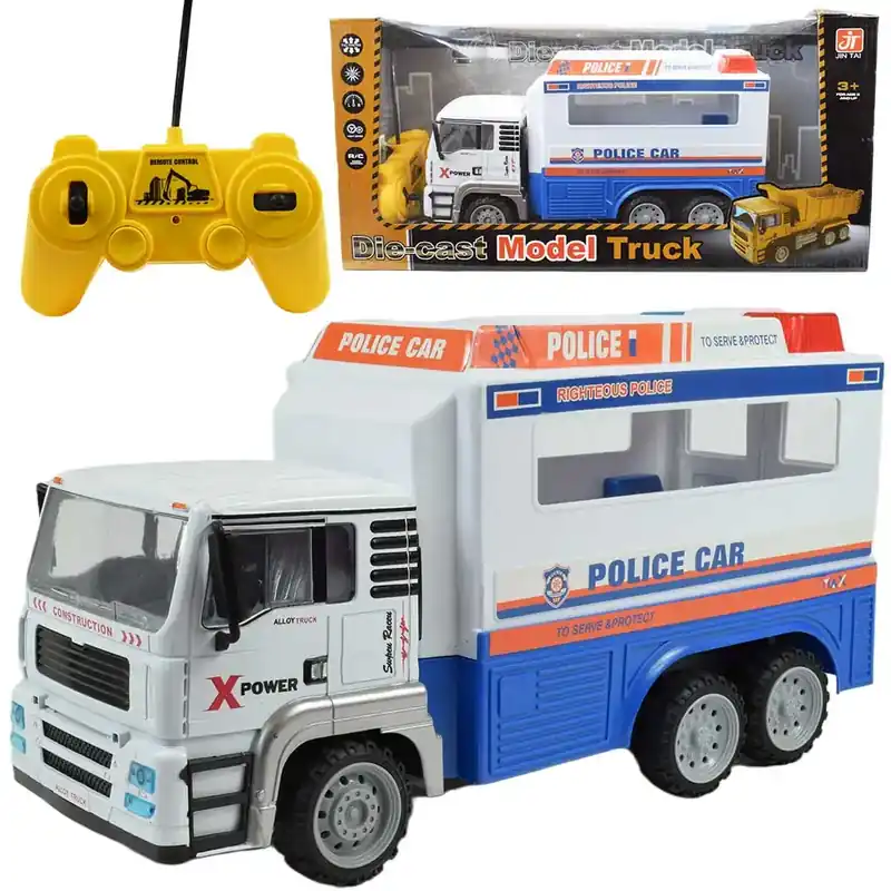 Exkluzív ajánlat RC Távirányítós fém fülkés rendőrségi teherautó fényeffektekkel 27MHz 1/12-es méretarány 32cm