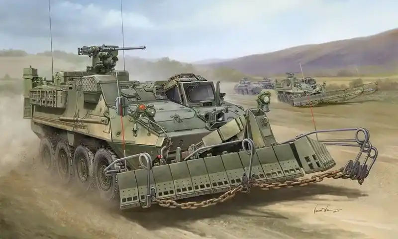 Exkluzív ajánlat Trumpeter M1132 Stryker Engineer Squad Vehicle w/SMP-Surface Mine Plow/AMP műszaki / mentő harcjármű makett