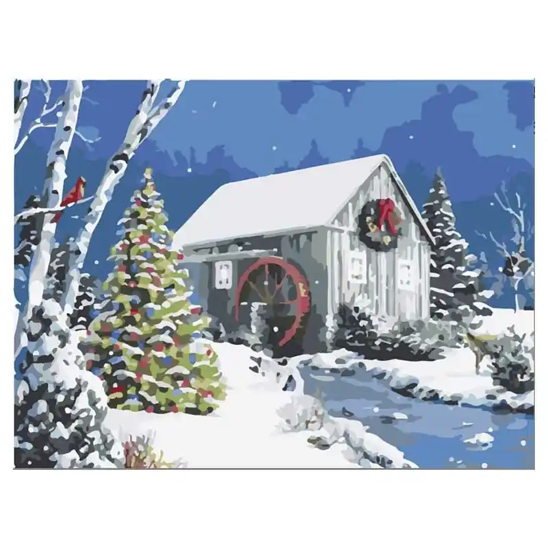 Számos festővászon festékkel és ecsettel Malom karácsonykor 30x40 cm (W135) Ne maradj le