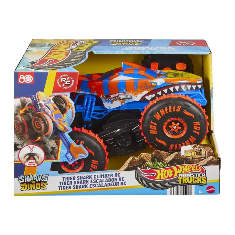 Nézd meg most HOT WHEELS MONSTER TRUCK SHARKS VS DINOS MASINA CU TELECOMANDA TIGER SHARK CLIMBER