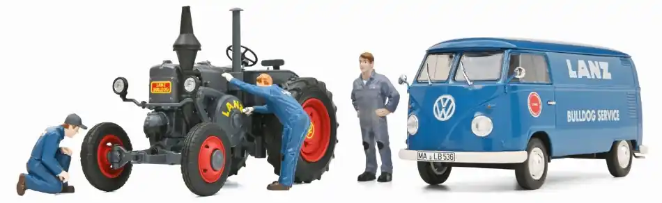 Árengedmény Volkswagen T1B szerelőautó + Lanz Bulldog traktor + 3 figura