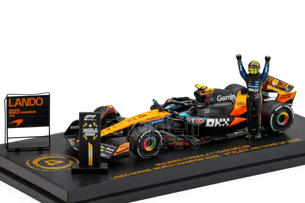 Akció McLaren F1 MCL39 4 Abu Dhabi GP (3rd) 2025 álló L. Norris pilótával és a pit board táblával Újdonság