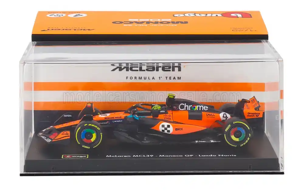 McLaren F1 MCL39 4 Monaco GP győztes 2025 L. Norris pilótával és vitrinnel Különleges ajánlat