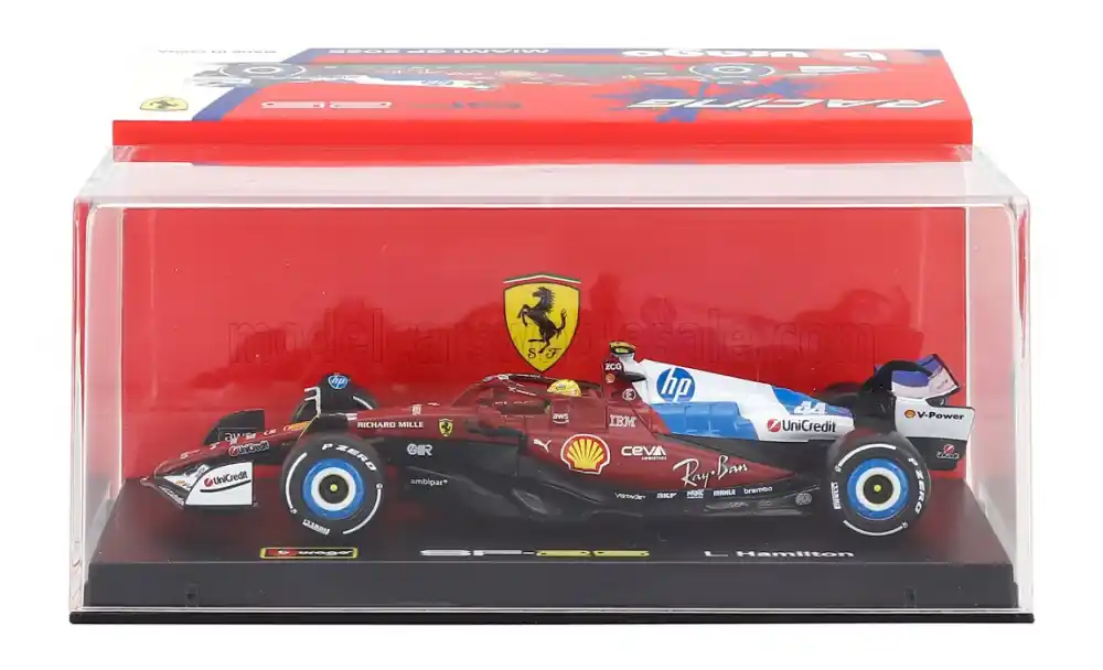 Ferrari F1 SF-25 44 Miami GP 2025 L. Hamilton vitrinnel és pilótával Olcsóbb