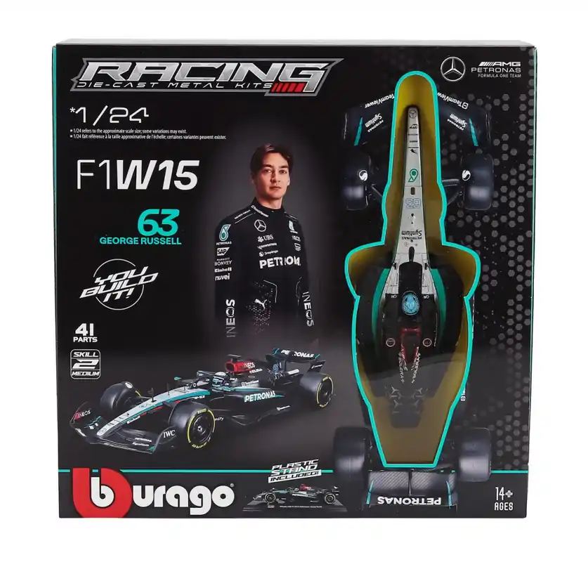 Mercedes F1 W15 63 2024 G. Russell összeszerelhető modellautó pilótával Akció