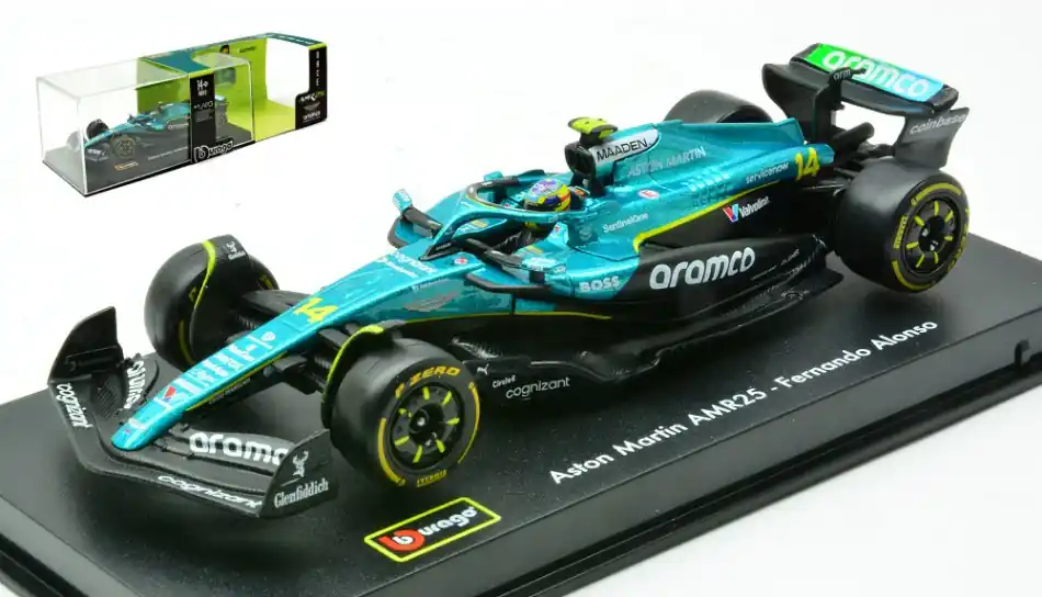 Aston Martin F1 AMR25 14 2025 F. Alonso pilótával és vitrinnel Szuper ajánlat