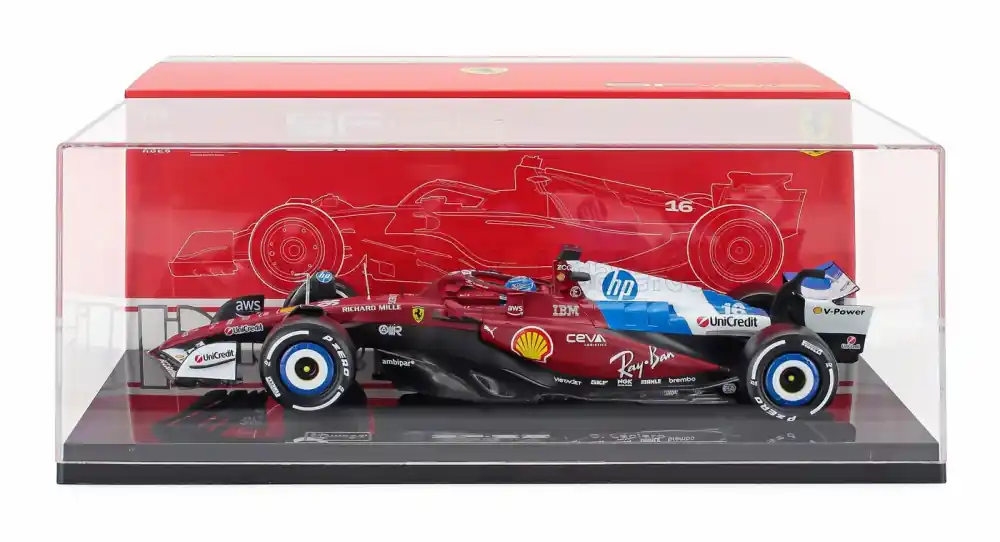 Utolsó esély Ferrari F1 SF-25 16 Miami GP 2025 C. Leclerc exkluzív kiadás vitrinnel