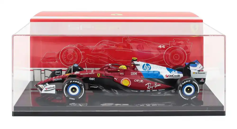 Árengedmény Ferrari F1 SF-25 44 Miami GP 2025 L. Hamilton exkluzív kiadás vitrinnel