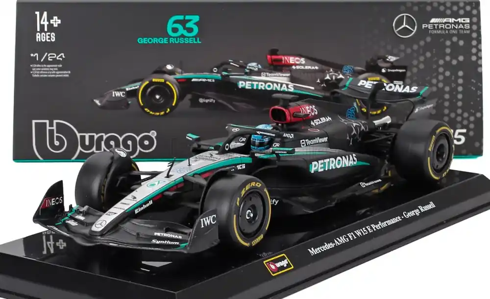 Mercedes F1 W15 63 2024 G. Russell vitrinnel és pilótával Expressz kézbesítés