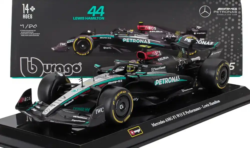 Mercedes F1 W15 44 2024 L. Hamilton vitrinnel és pilótával Kedvezményes ár